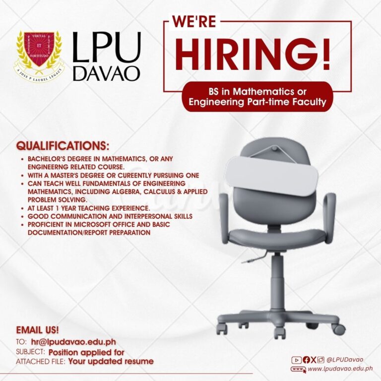 We are Hiring – (1) BS in Mathematics or Engineering Part-time Faculty